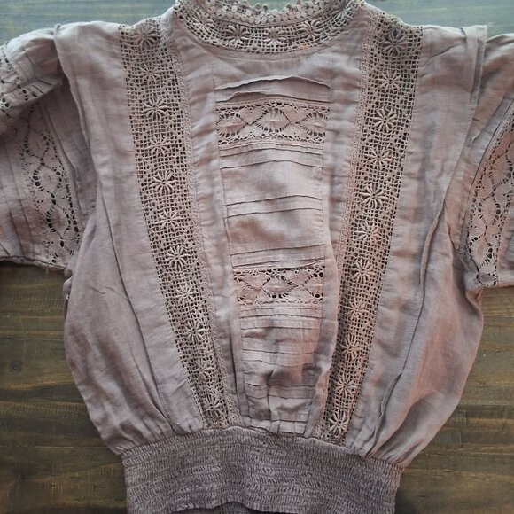 Free People One Sydney Blouse Semi-Sheer Crochet Accents Smocked Waist Sz S Moch - Picture 6 of 10
